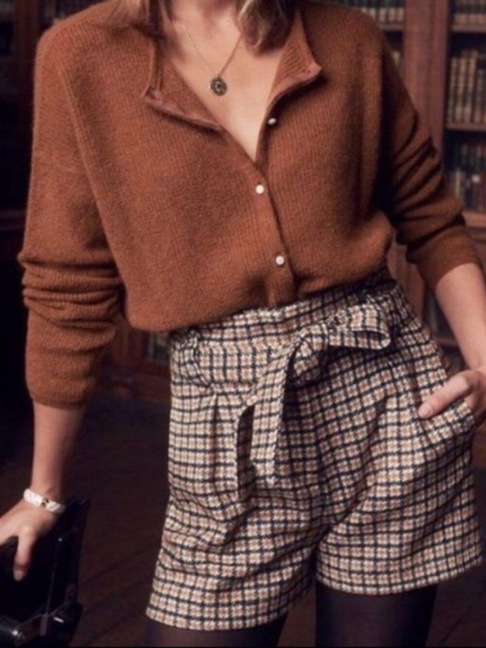 NWT Sezane Zoe Carreaux Marine Ocre Houndstooth Cotton Wool Belted Shorts US 8